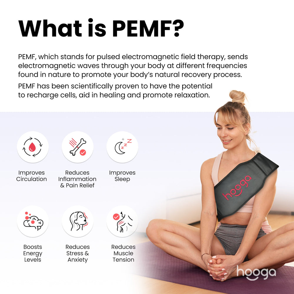 What is PEMF infographic with a woman wearing the Hooga PEMF belt over her shoulder