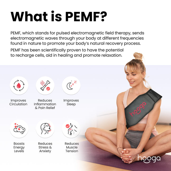 What is PEMF infographic with a woman wearing the Hooga PEMF belt over her shoulder