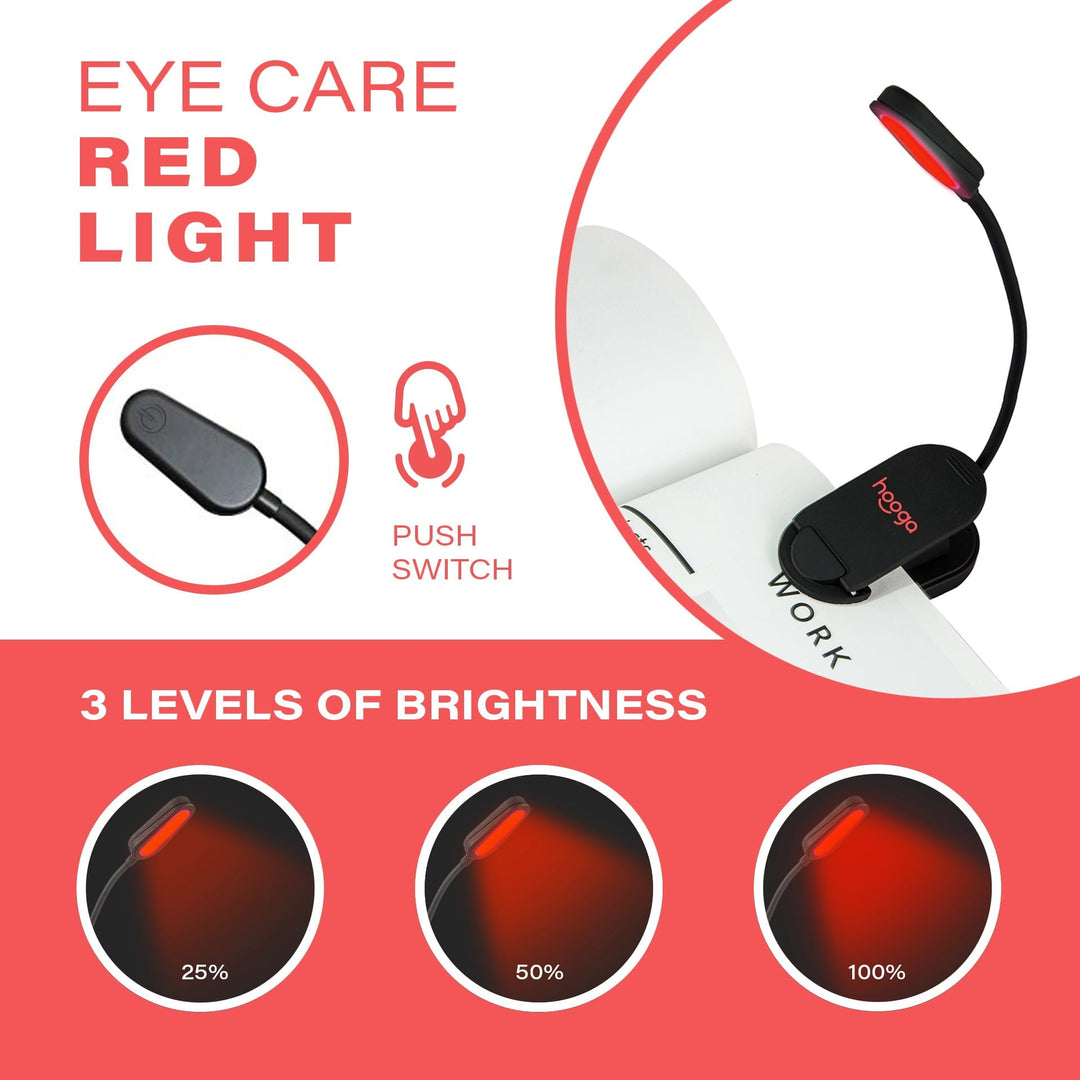 Hooga Red Clip-On Book Light showing its three brightness settings side by side