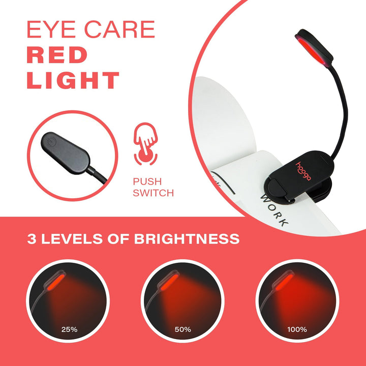Hooga Red Clip-On Book Light showing its three brightness settings side by side