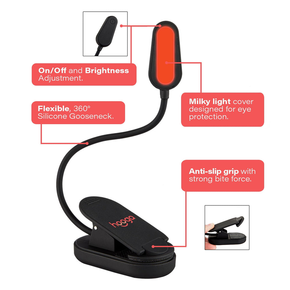 Infographic highlighting key features of the Hooga Red Clip-On Book Light