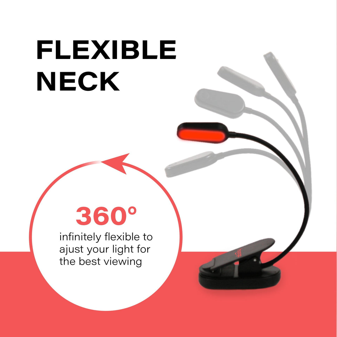 Hooga Red Clip-On Book Light flexible gooseneck bent into different reading angles
