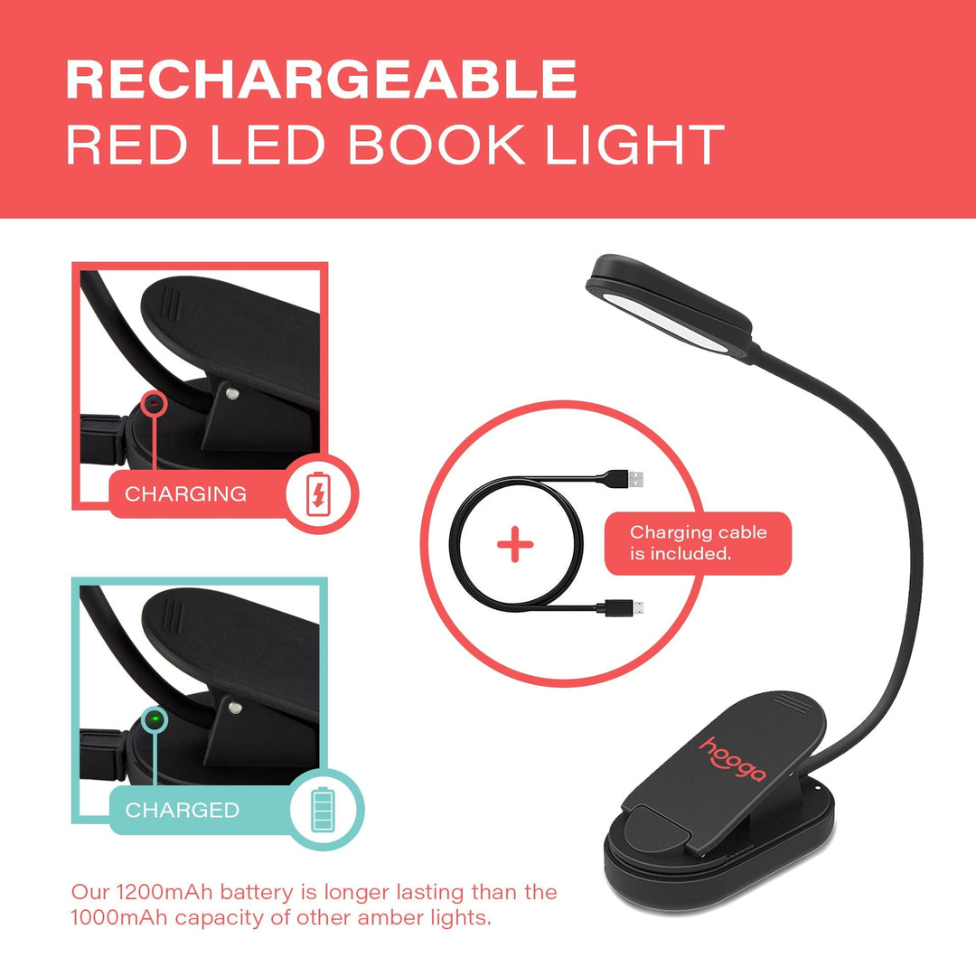 Hooga Red Clip-On Book Light rechargeable battery and USB charging graphic