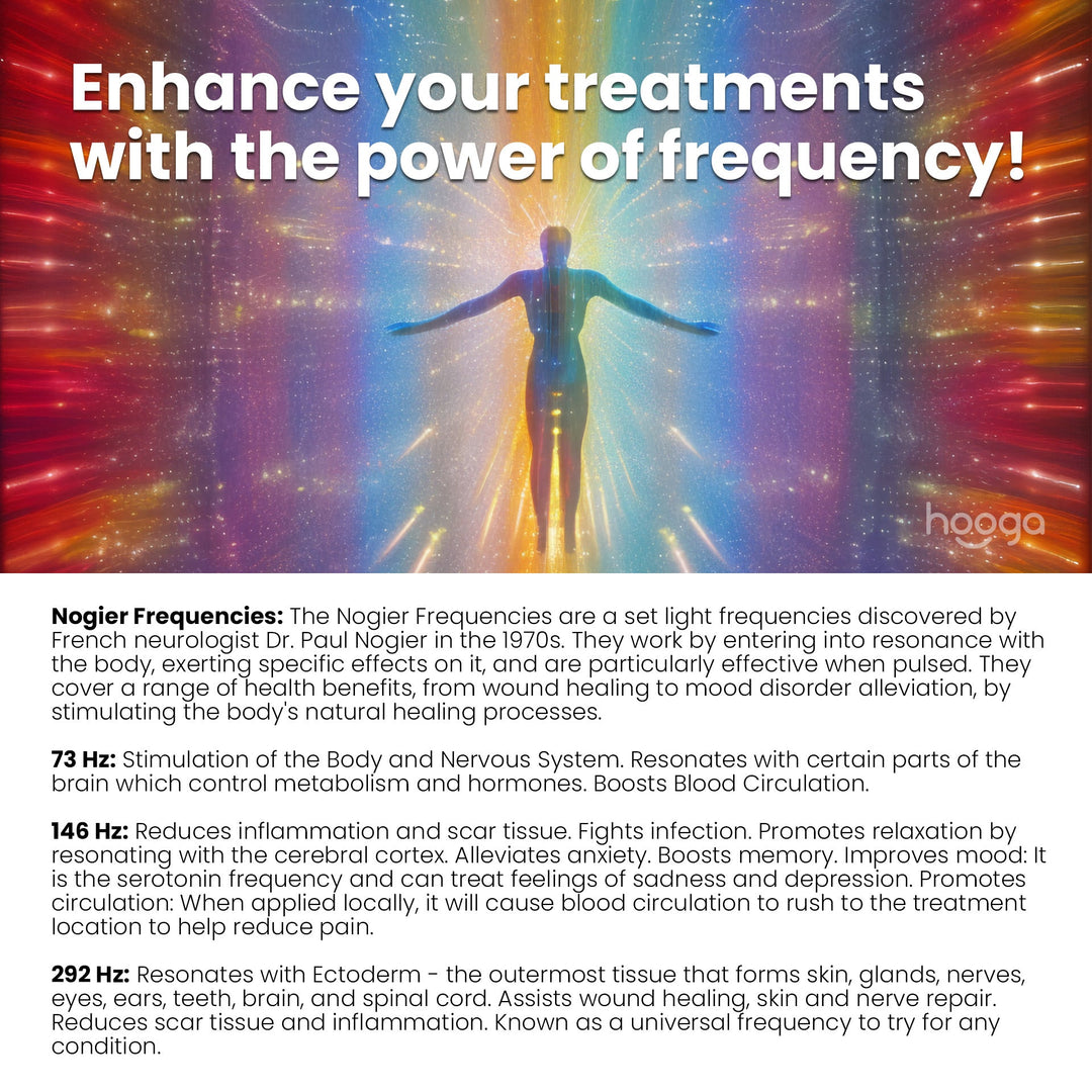 Hooga red light therapy face mask wavelengths and pulse frequencies infographic