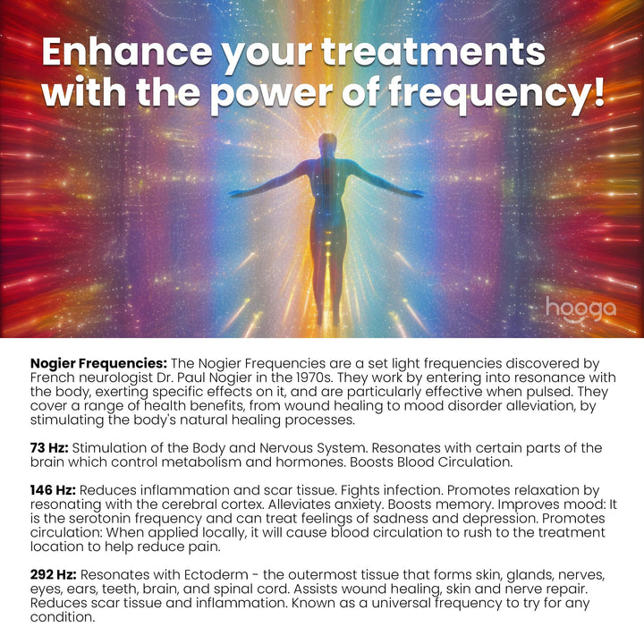 Hooga red light therapy face mask wavelengths and pulse frequencies infographic