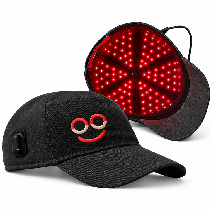 Black Hooga red light therapy hat shown from front and underneath with LEDs lit