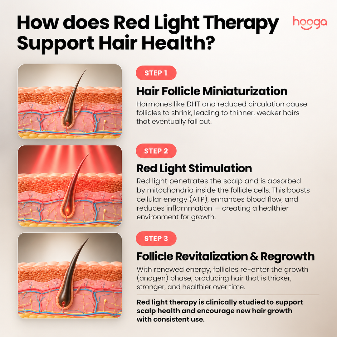 Hooga red light therapy hat infographic illustrating red light at the hair follicle