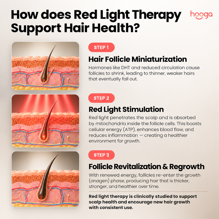 Hooga red light therapy hat infographic illustrating red light at the hair follicle