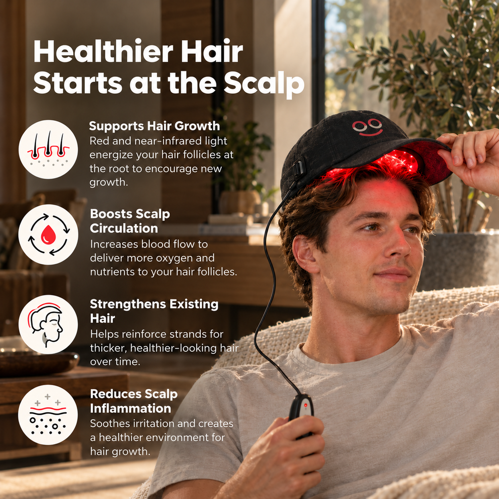 Man lifting the illuminated Hooga red light therapy hat beside a scalp wellness graphic