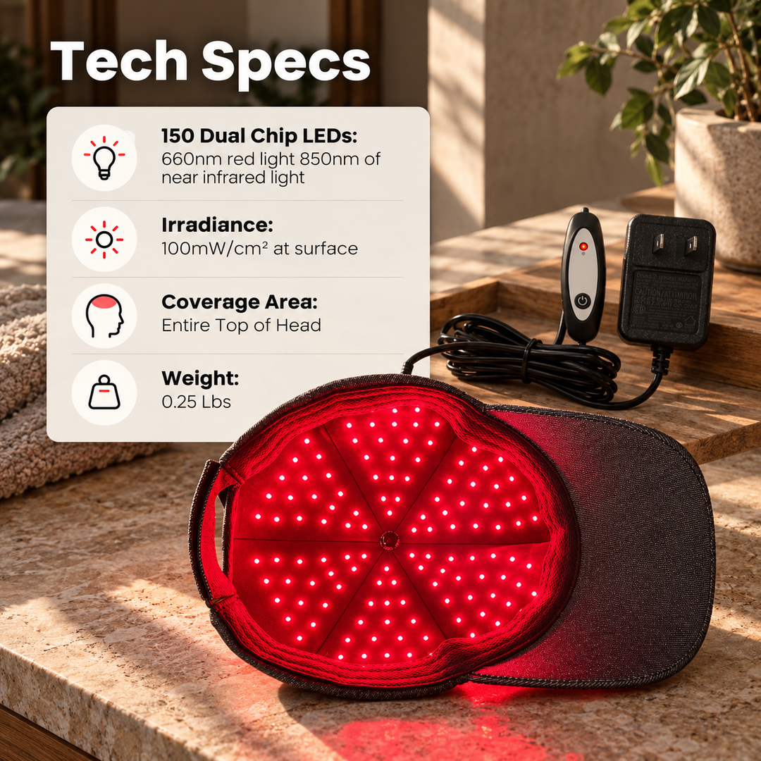 Hooga red light therapy hat with controller and adapter beside a specifications graphic