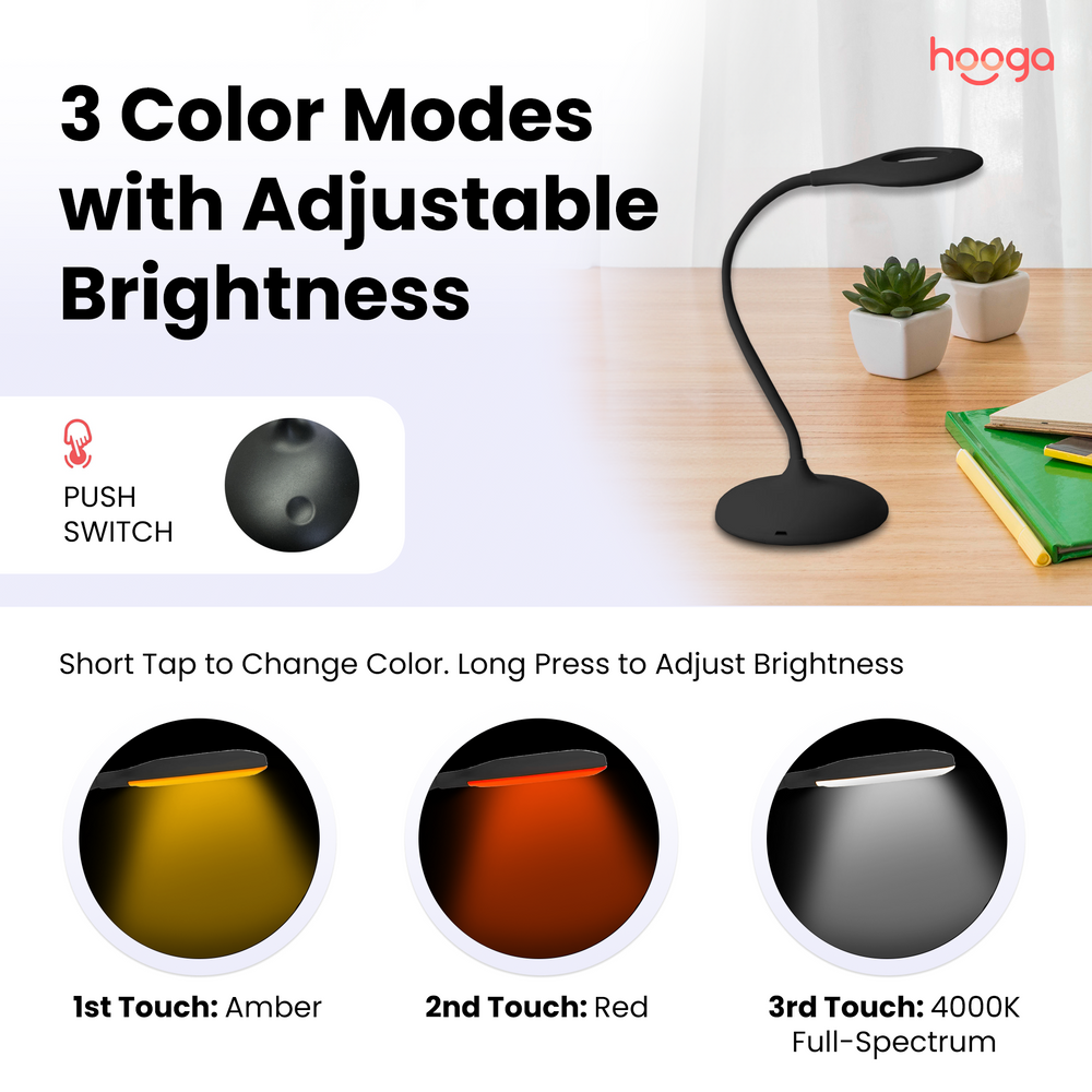 Hooga Tri-Color Circadian Desk Lamp showing amber, red and white brightness modes