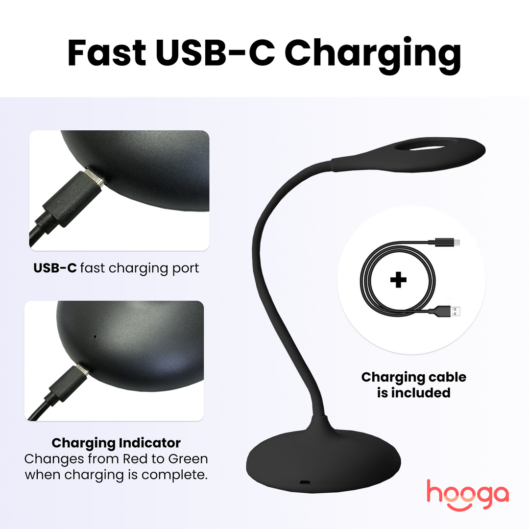 Hooga Tri-Color Circadian Desk Lamp rechargeable battery and USB-C charging graphic