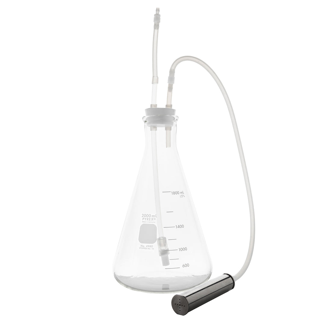 Promolife water bubbler with tubing routed to an ozone destruct system, detail view
