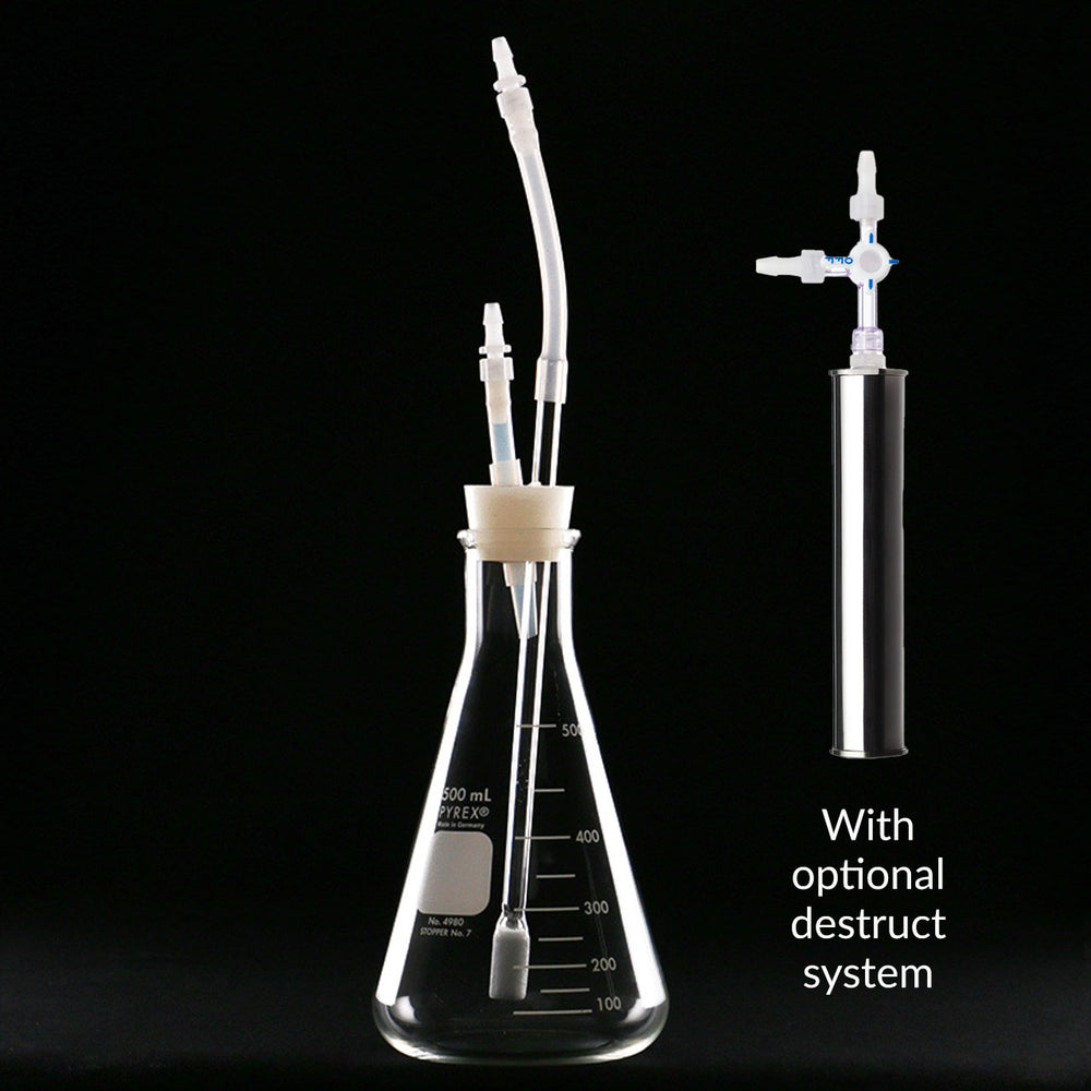 Promolife 500ml Basic Ozone Water Bubbler connected to a stainless steel ozone destruct system