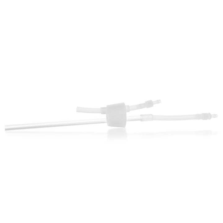 Promolife Basic Ozone Oil Bubbler shown with its glass straw, stopper and Luer lock tubing