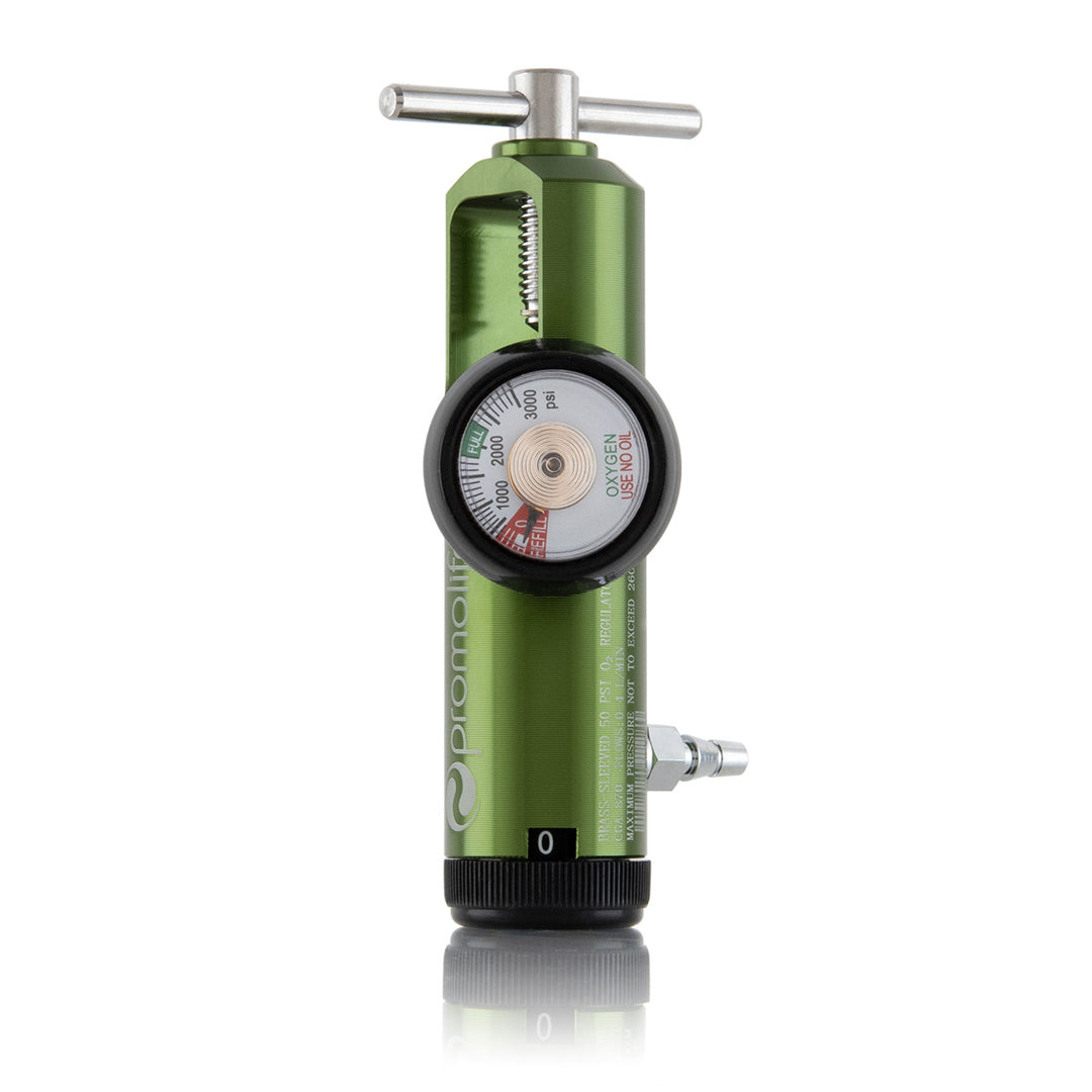 Promolife 870 Low Flow Oxygen Tank Regulator in nickel-plated brass with green-faced gauge