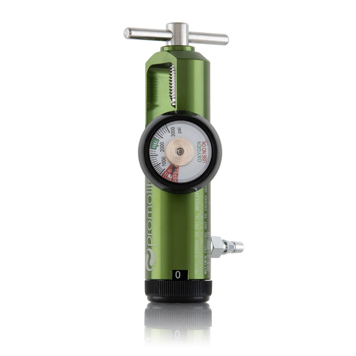 Promolife 870 Low Flow Oxygen Tank Regulator in nickel-plated brass with green-faced gauge