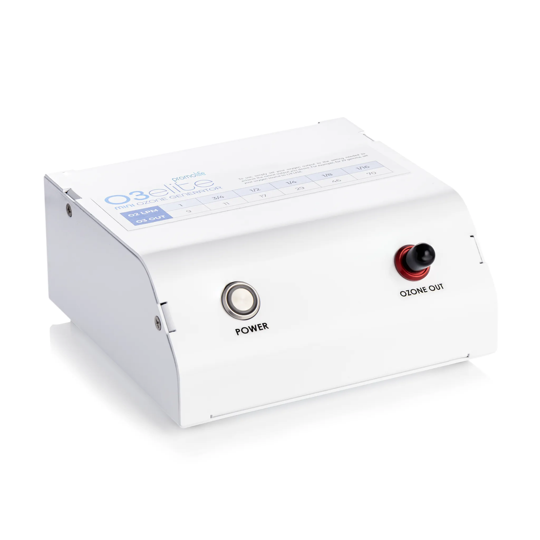 Promolife O3Elite Mini Ozone Generator shown from an angle with Luer lock ozone outlet