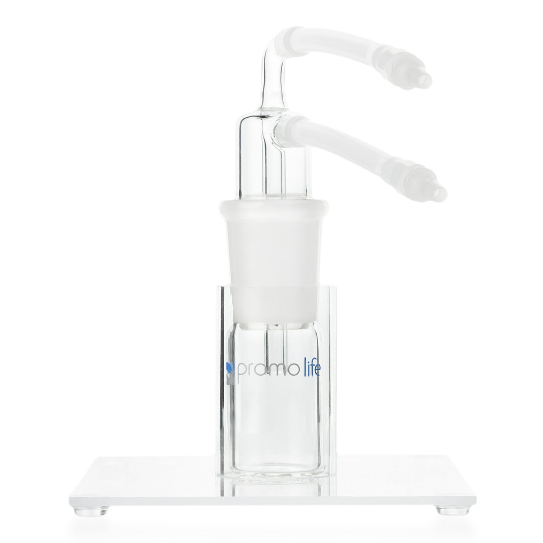 Promolife Ozone Oil and Water Trap borosilicate glass vessel with tubing on its stand