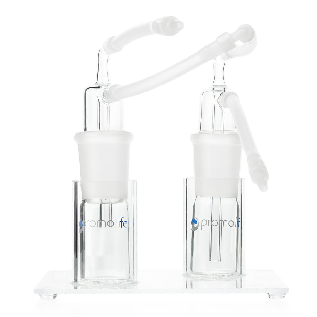Promolife Ozonide Oil Bubbler and Trap Combo glassware on a double plexiglass stand