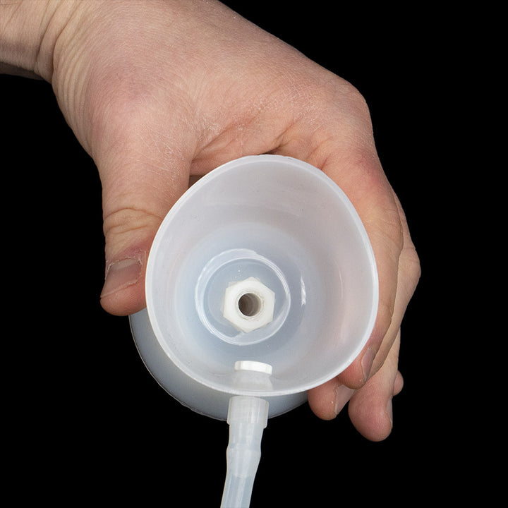 Detail photo of a Promolife flexible silicone ozone cup and its connector