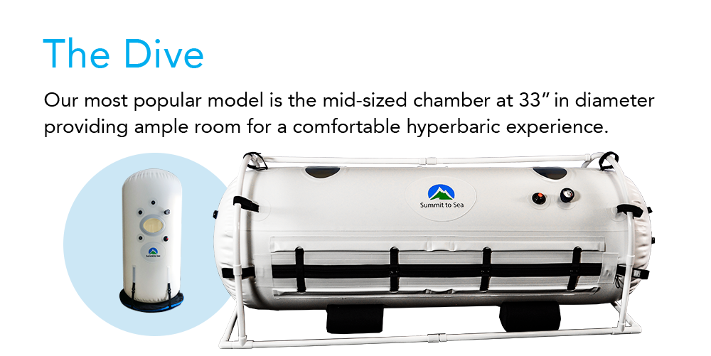 Summit to Sea Dive 33-inch hyperbaric chamber inflated next to its portable air compressor unit