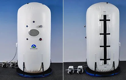Summit to Sea Dive Vertical 40-inch upright hyperbaric chamber shown in side-by-side front and back views